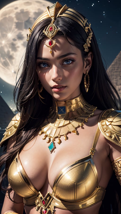 (best quality, masterpiece, colorful, dynamic angle, highest detailed) Realistic photo, fashion photography of a egyptian goddess, gold ornaments, gold reflection, flirting with POV, ultra detailed textures, perfect night, Egypt, pyramids, (intricate details, hyperdetailed:1.15), detailed, moonlight passing through hair, (official art, extreme detailed, highest detailed), HDR+