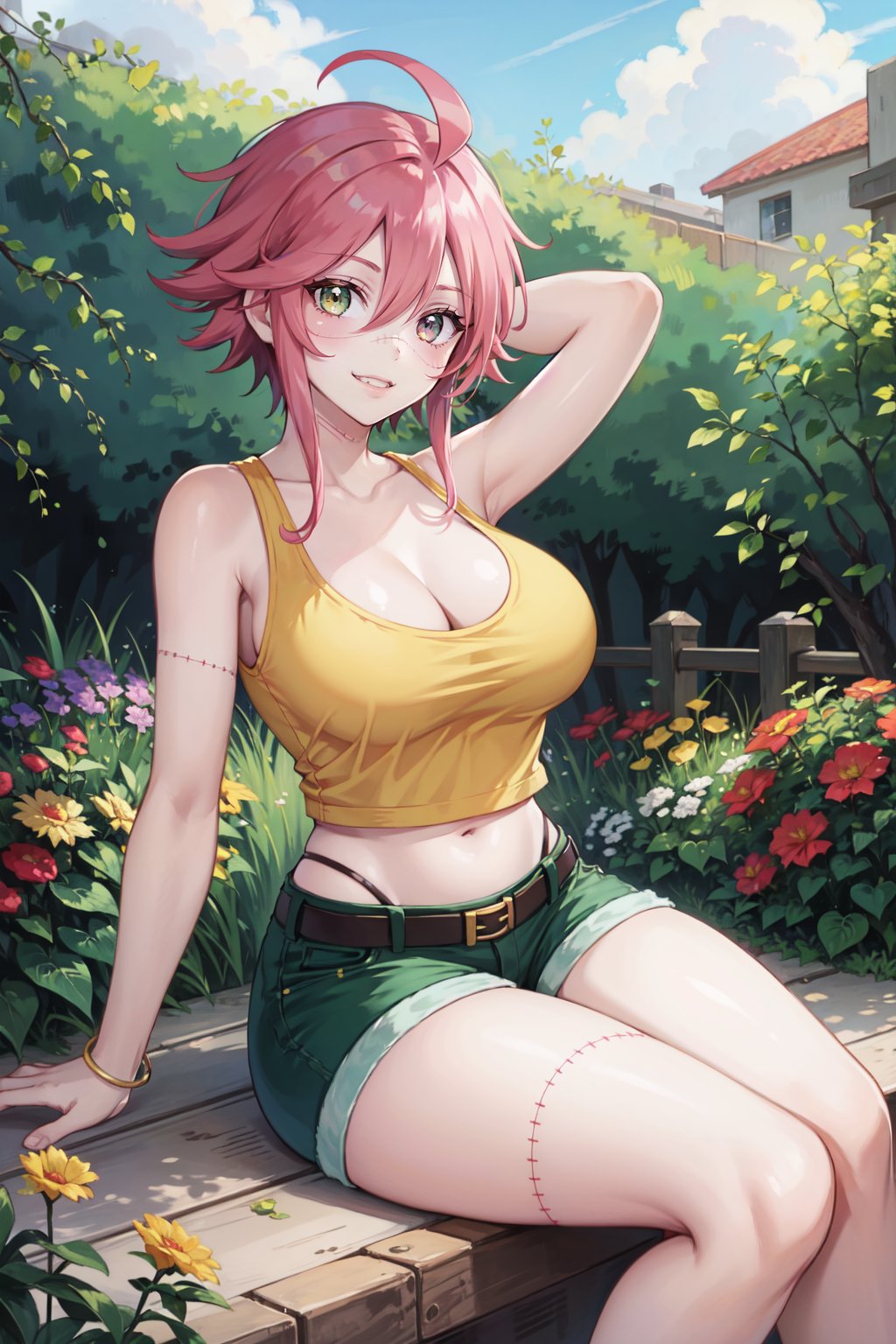 (best quality, ultra detailed), (detailed background:1.2), (perfect face, detailed face), looking at viewer, (mature female:1.4), thick thighs<lora:zombina-10:0.65> zombina, zombie, short hair, large breasts, hair between eyes, cleavage, shorts, belt, short shorts, crop top, heterochromia, stitches, ahoge, green eyes, yellow eyes(outdoors, garden, sitting, arms support, smile)      