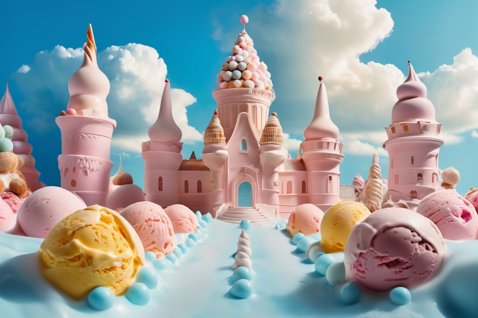 babycream,Surreal photography,whimsical ice cream world photos, a lovely castle of ice cream balls. The city is a small ice cream shop on both sides,The background is blue,cloud<lora:EMS-382534-EMS:0.800000>