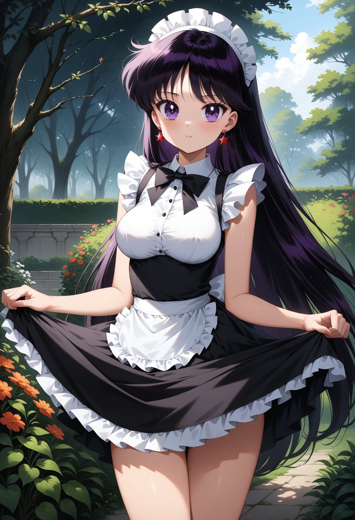 (masterpiece, best quality, very aesthetic, ultra detailed), intricate details, 4k, aamars, long hair, black hair, earrings, <lora:sailor_mars_animaginexl_v1:0.9>, maid, maid headdress, garden, standing, cowboy shot, skirt hold,