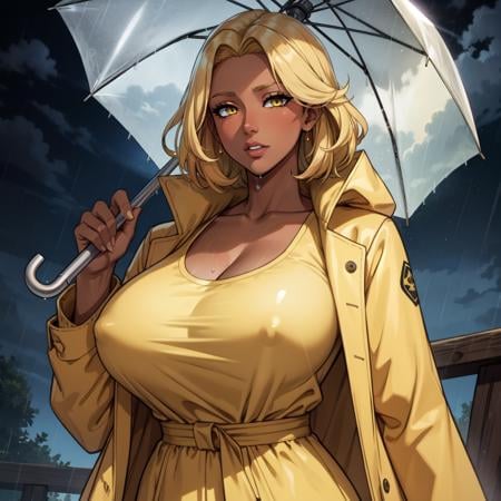 masterpiece, detailed, beautiful, 1girl, mature female, milf, dark skin, dark-skinned female, blonde hair, gold eyes, yellow rain coat, rain, umbrella