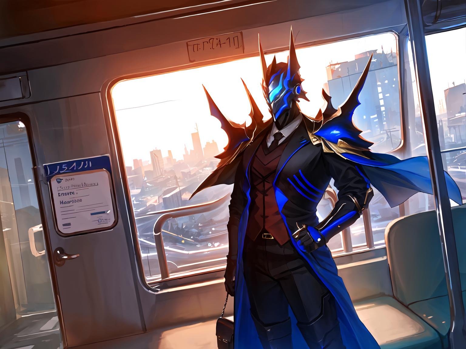 masterpiece,best quality,highres,cinematic lighting,dramatic angle,1boy,<lora:ShadowverseKyrzaelV1-000054:0.8>,armor,helmet,cape,black suit,necktie,(on shinkansen train:1.1),on tram,holding handbag,sigh,crowd,(morning cityscape through the window behind:1.1),standing and holding the pull ring,profile,arm up