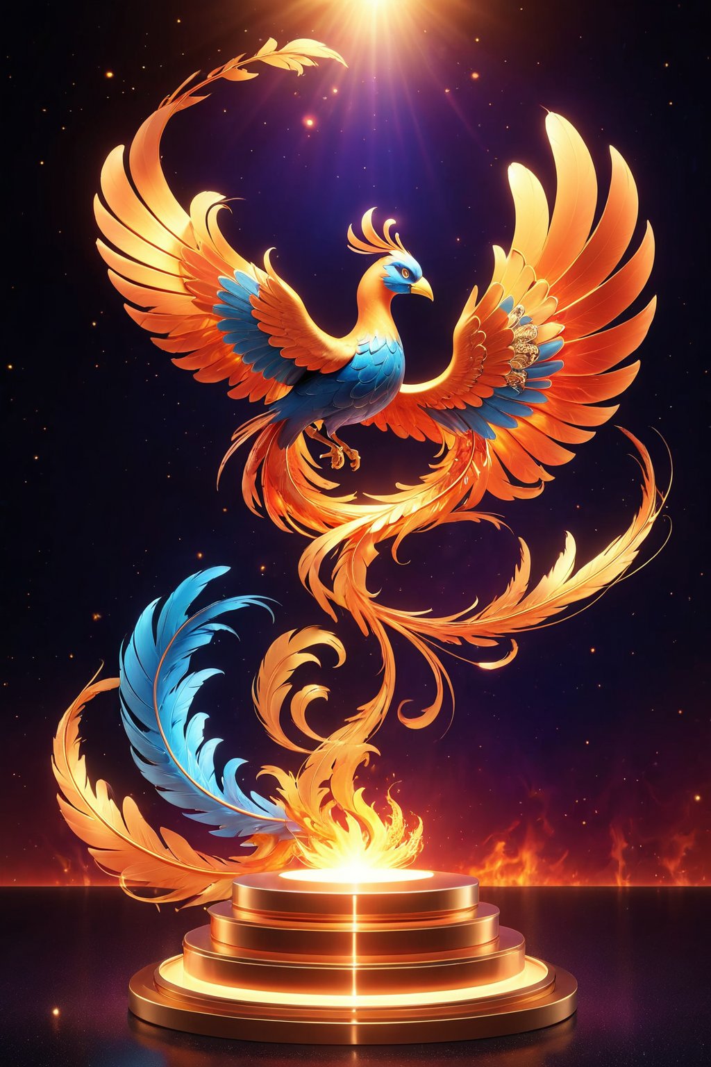 professional 3d model  of hubg,anime artwork pixar,3d style,good shine,OC rendering,highly detailed,volumetric,dramatic lighting,3d\(hubgstyle)\,a elegant and very elegant burning phoenix with very long tail feathers,above a round podium,Surrealism Dream Style,West Journey Style.beautiful colorful background,very beautiful,masterpiece,best quality,super detail,anime style,key visual,vibrant,studio anime