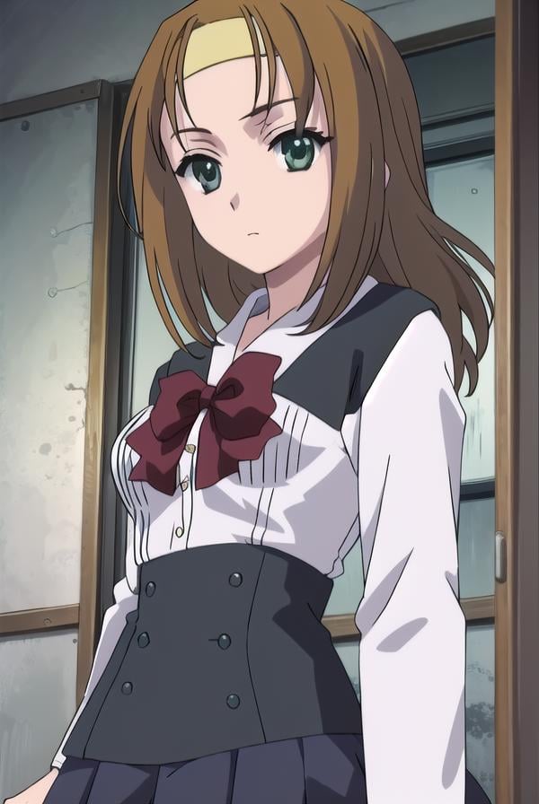 kumimori, <lora:kumi mori s1-lora-nochekaiser:1>,kumi mori, brown hair, hairband, (green eyes:1.5), medium hair,BREAK skirt, thighhighs, school uniform, shoes, black thighhighs, zettai ryouiki, bow, red bow,BREAK indoors, classroom,BREAK looking at viewer, (cowboy shot:1.5),BREAK <lyco:GoodHands-beta2:1>, (masterpiece:1.2), best quality, high resolution, unity 8k wallpaper, (illustration:0.8), (beautiful detailed eyes:1.6), extremely detailed face, perfect lighting, extremely detailed CG, (perfect hands, perfect anatomy),