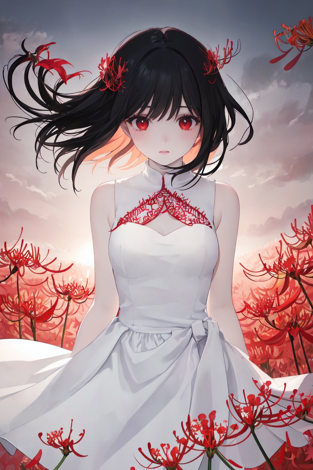 Masterpiece, the best quality, girl, contrast, phenomenal aesthetics, pale skin, delicate light dress, stylish dress, light material, (((goes to the field of red spider lilies))), disturbing atmosphere, windy, (black hair),