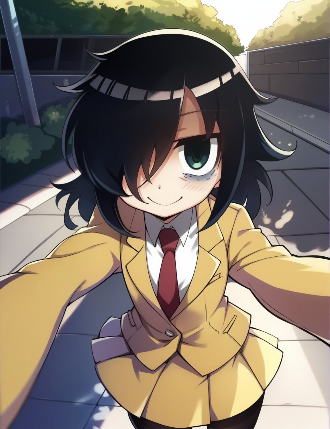 score_4, score_5, score_6, score_9, score_8_up, score_7_up, solo,  <lora:tomoko_kuroki-10:1>, tomokoxl, hair over one eye, bags under eyes, black hair, school uniform, black pantyhose, red necktie, yellow skirt, pleated skirt, yellow jacket, pov, selfie, smile, outdoors, street, day