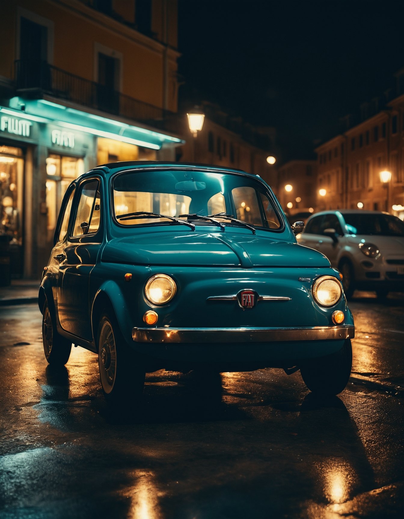 night photo, cinematic photo of Fiat , perfect lighting, vibrant, high detailed, epic, movie still, film grain