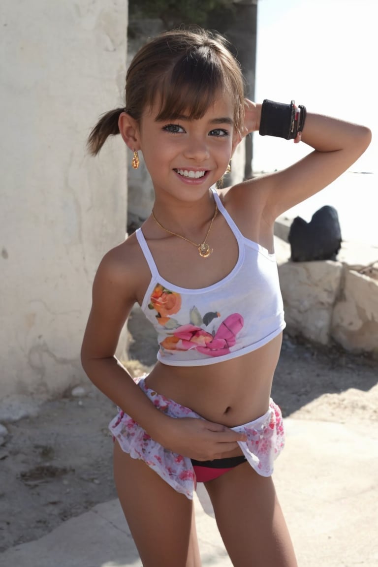 1girl, solo, looking at viewer, smile, skirt, brown hair, navel, jewelry, earrings, midriff, necklace, grin, flat chest, side ponytail, bracelet, ring, realistic, graffitim((baby face))<lora:EMS-438323-EMS:0.600000>