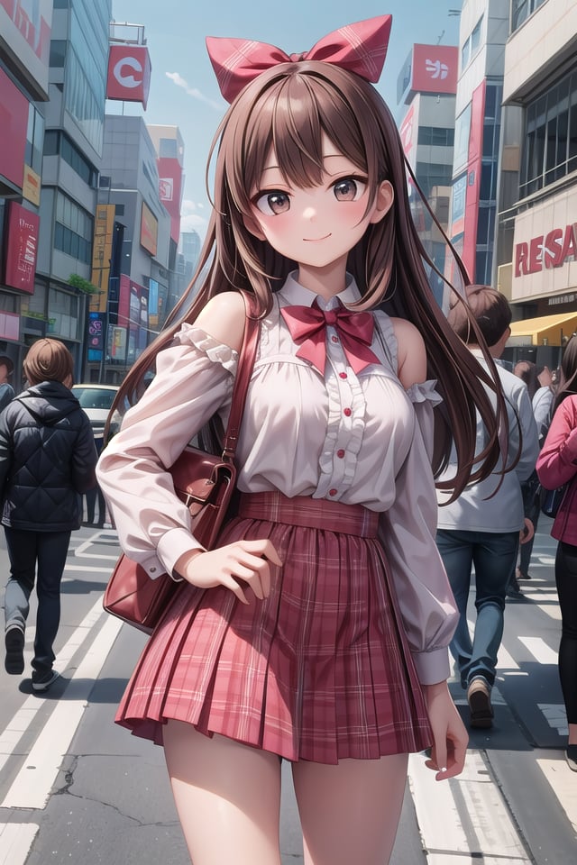 insanely detailed, absurdres, ultra-highres, ultra-detailed, best quality,1girl, solo, nice hands, perfect handsBREAKjirai kei,plaid skirt, shirt, long sleeves, bow, blue skirt, white shoulder frilly shirt, outdoors, blue bow, long hairBREAKhappy smile, laugh, closed mouth, standing,cute pose, cowboy shotBREAKslender, kawaii, perfect symmetrical face, ultra cute girl, ultra cute face, ultra detailed eyes, ultra detailed hair, ultra cute, ultra beautifulBREAKshibuya, akihabara, tokyo, street, crowd, cityscapeBREAKmedium large breasts,(brown hair, brown eyes), hime cut