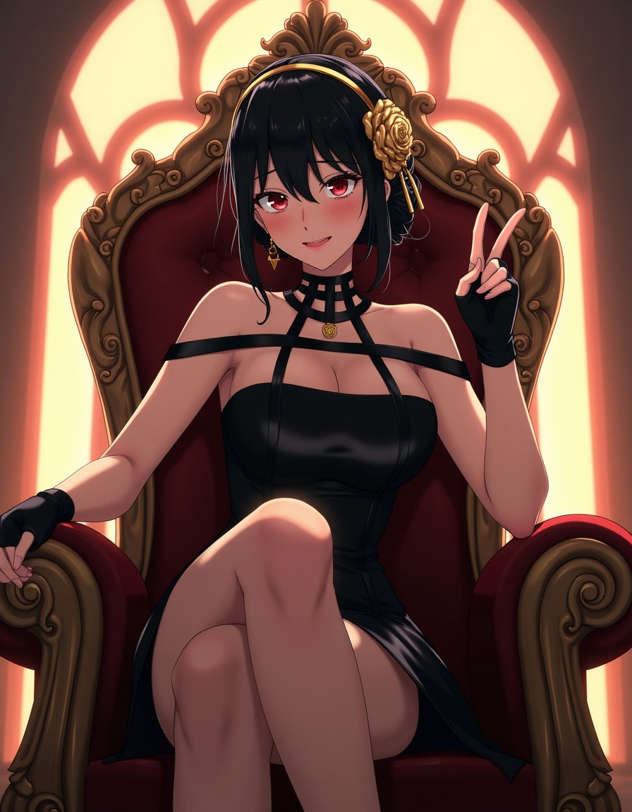 full body of yorforger2 in illustration style, she has dark hair styled in an elegant updo, adorned with a large, intricate rose hairpiece,her eyes are glowing red, she wears a black, strapless dress and have long sexy legs. She is sitting on a throne and looking dominant. She also make a victory sign with her left hand.she's wearing mitten type gloves.the composition is very cinematic and the background has golden hour sunray,<lora:yorforger2_000001400:1>