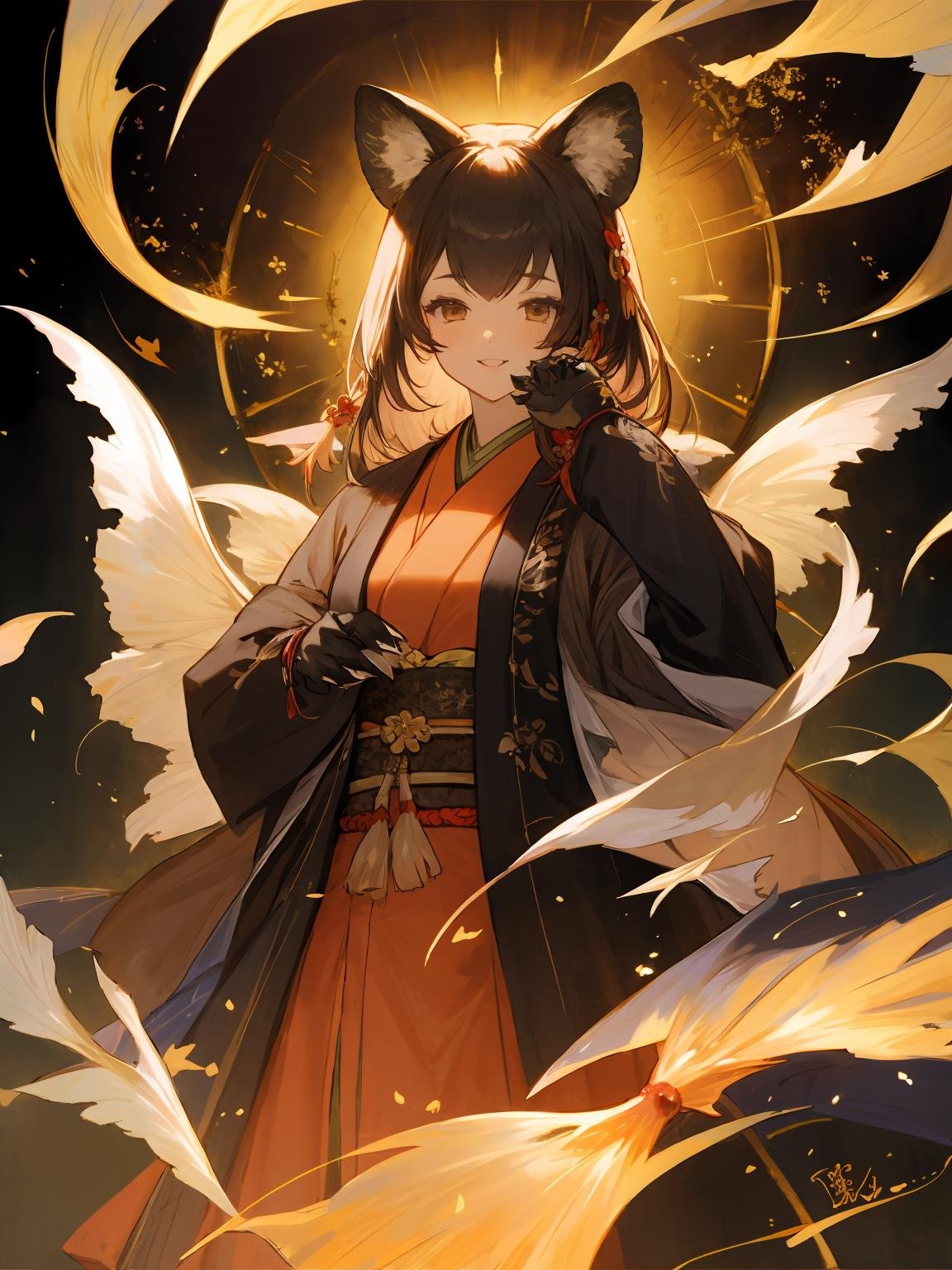 masterpiece,best quality,highres,cinematic lighting,dramatic angle,1girl,<lora:ShadowverseHozumi:0.8> ,1girl,animal ears,japanese clothes,black open jacket,obi,smile,hand on own cheek,looking at viewer,brown eyes,bamboos,goldfish,dynatic pose,cowboy shot,KIND,gold-trimmed,magic,multicolored hair,(black hair:white hair:0.86),frills,claws,elbow gloves,(open mouth:0.43),magic,feast,foods