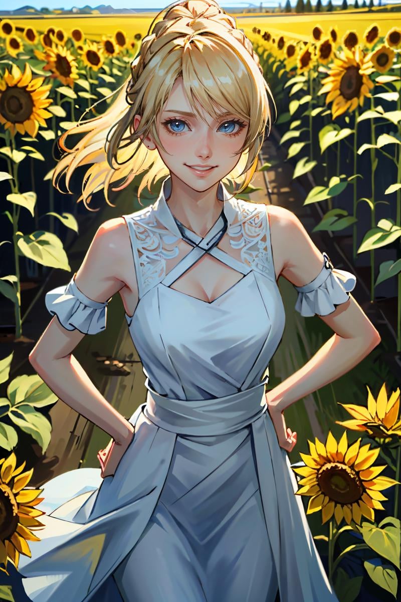 ((ultra detailed, masterpiece, absurdres)) <lora:FFLuna:0.8>FFLuna, 1girl, blonde hair, looking at viewer, surrounded by sunflowers in a bright field, smiling, with hands on hips