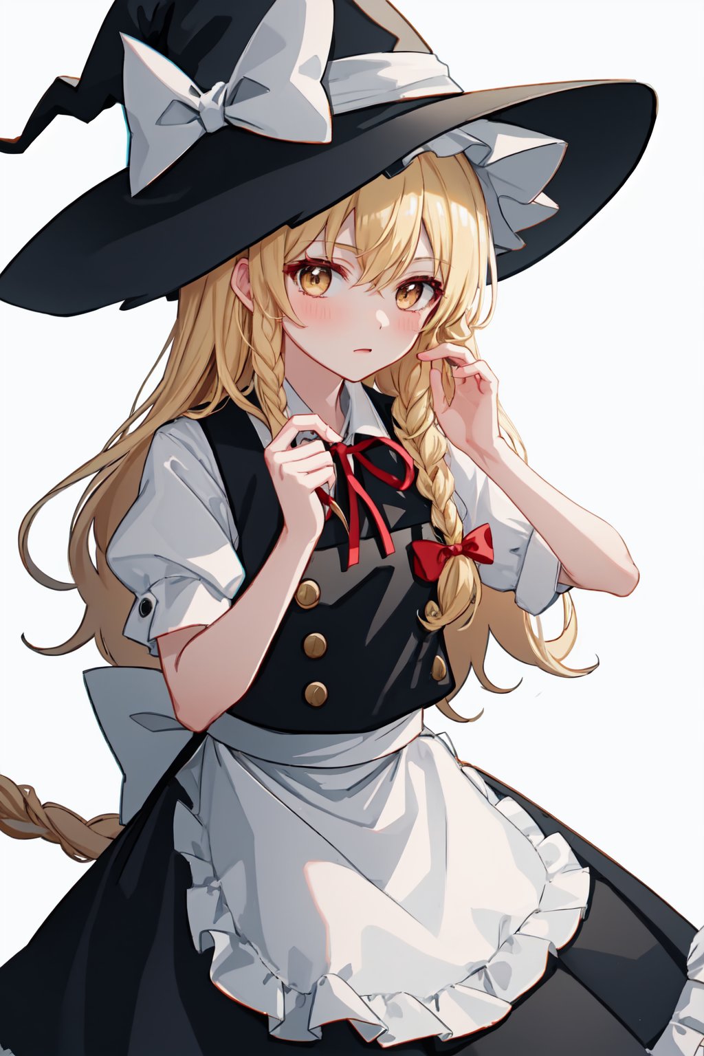 kirisame_marisa,witch_hat,waist_apron,puffy_short_sleeves,single_braid,hair_bow,black_skirt,frills,black_vest,white_shirt,black_headwear,solo,looking_at_viewer,hat_bow,blush,1girl,white_bow<lora:kirisame_marisa:1>,simple background,white backgroundmasterpiece,best quality, highly detailed, 