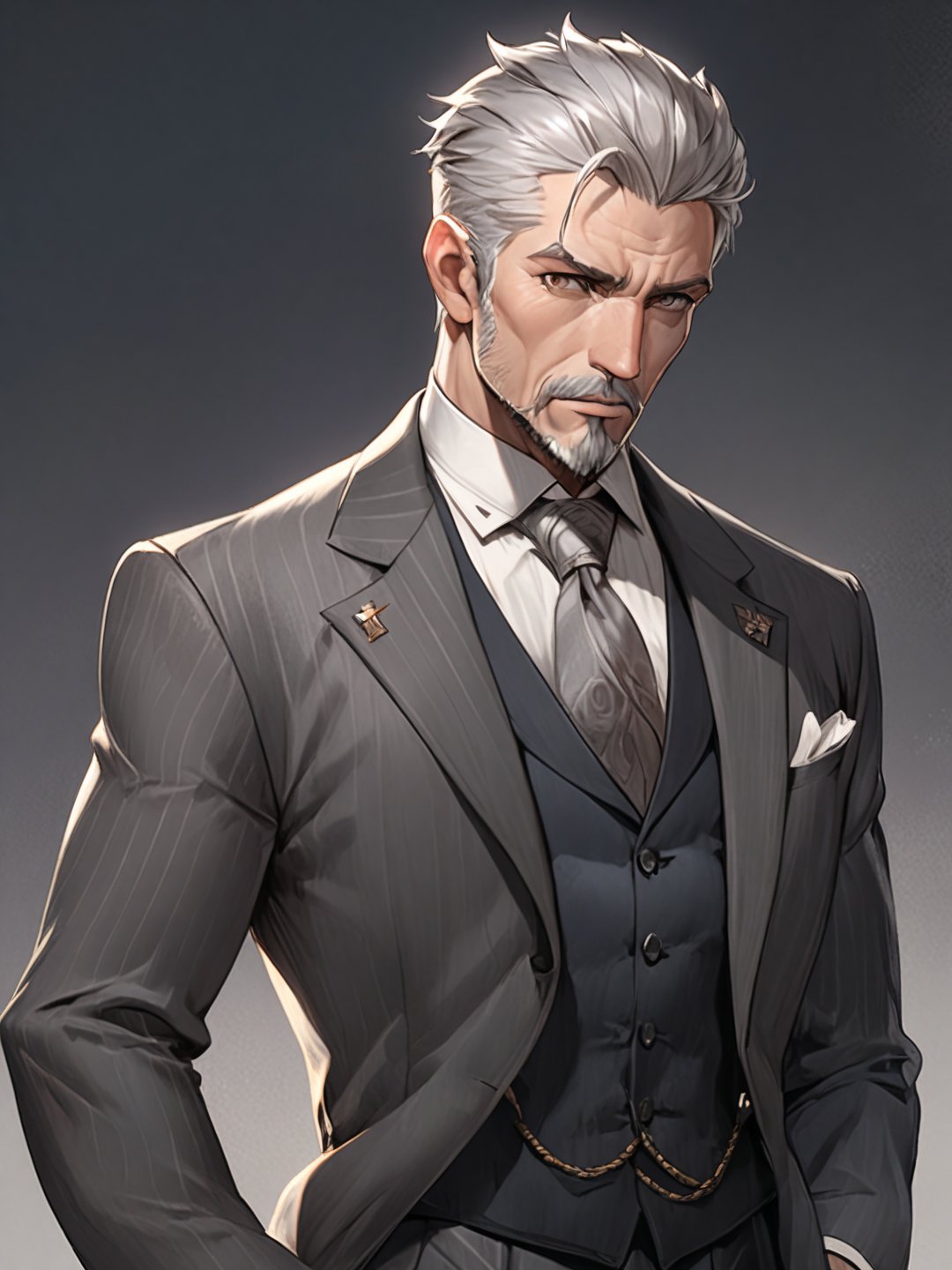 ((masterpiece:1.1)),  (A weathered veteran male), (gray-haired in appearance), (rugged face), ((eyes are sharp but kind)), ((Short hair)) with a (mixture of gray hair). ((hair is carefully arranged in an all-back)), (wears a pomade), (well built), ((smart and yet strong)), (Dark eyes), neatly trimmed goatee, (handsome), intelligent and brave, fine suit, full body,