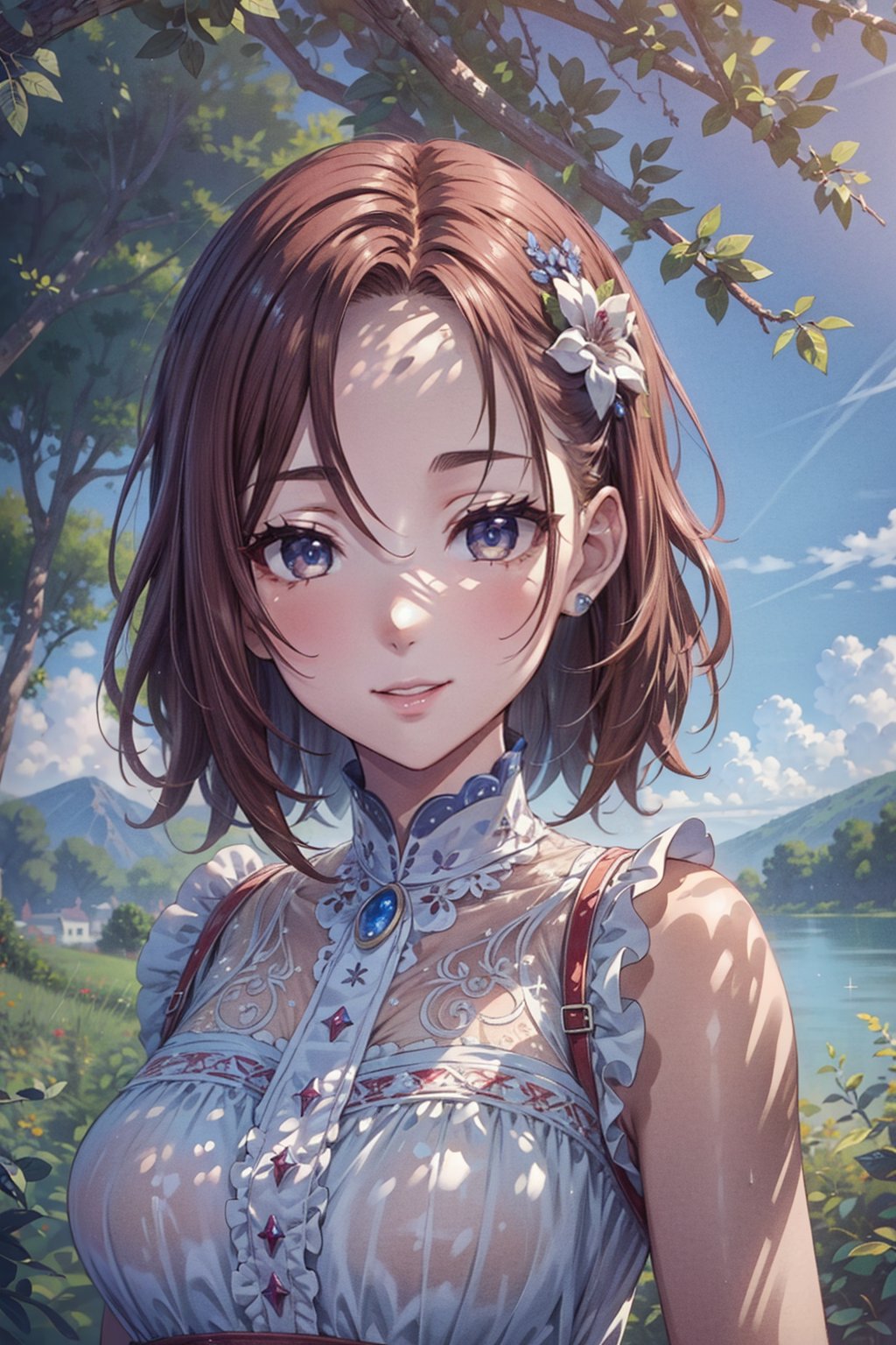 <lora:OVA_Ruyueli:0.8>,OVA_Ruyueli,reddish brown hair,short hair,hair ornament,1girl,outdoors,smile,full body,, 8k,best quality,masterpiece,rule of thirds,superb,high resolution,sharp focus,extremely detailed description,professional,gorgeous and intricate details,