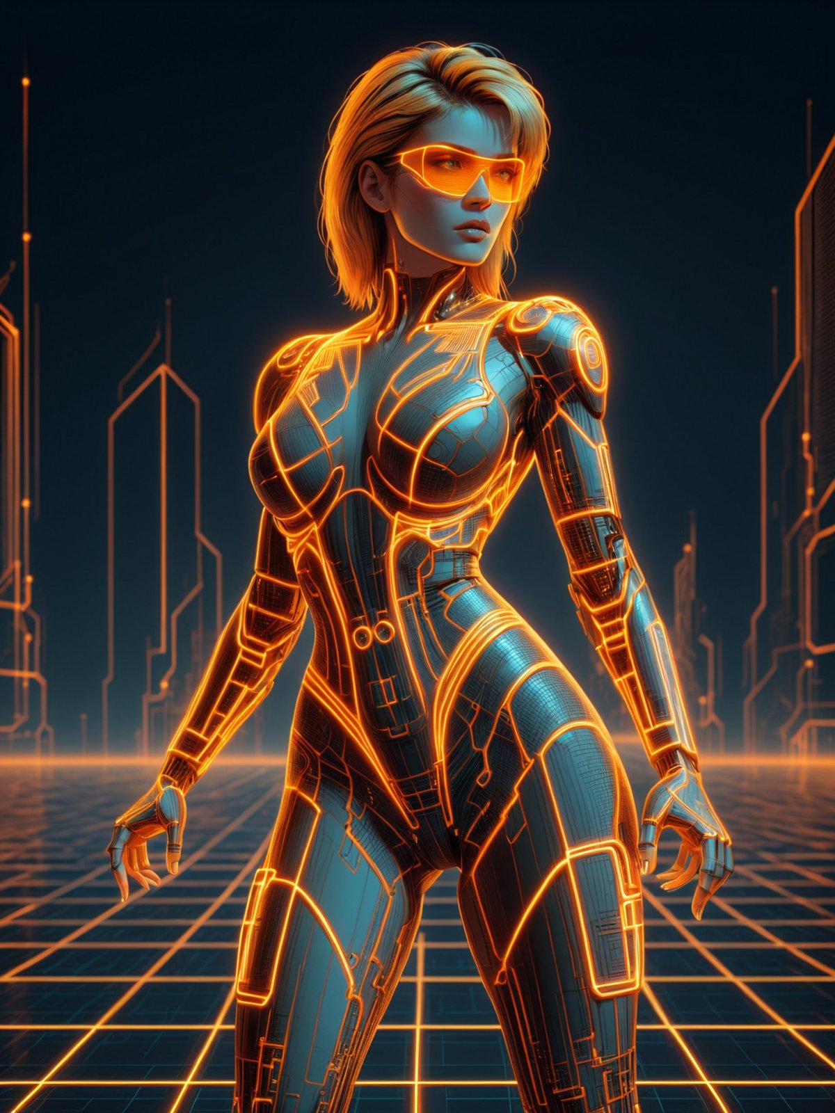 mad-cyberspace, woman, dynamic pose, orange glowing outlines, grid, cyberpunk, 1980s, retro, scifi, city Pointing pose<lora:Neon_Cyberpunk_SDXL_-_Cyberspace:1>, (masterpiece:1.2), best quality, (hyperdetailed, highest detailed:1.2), high resolution textures
