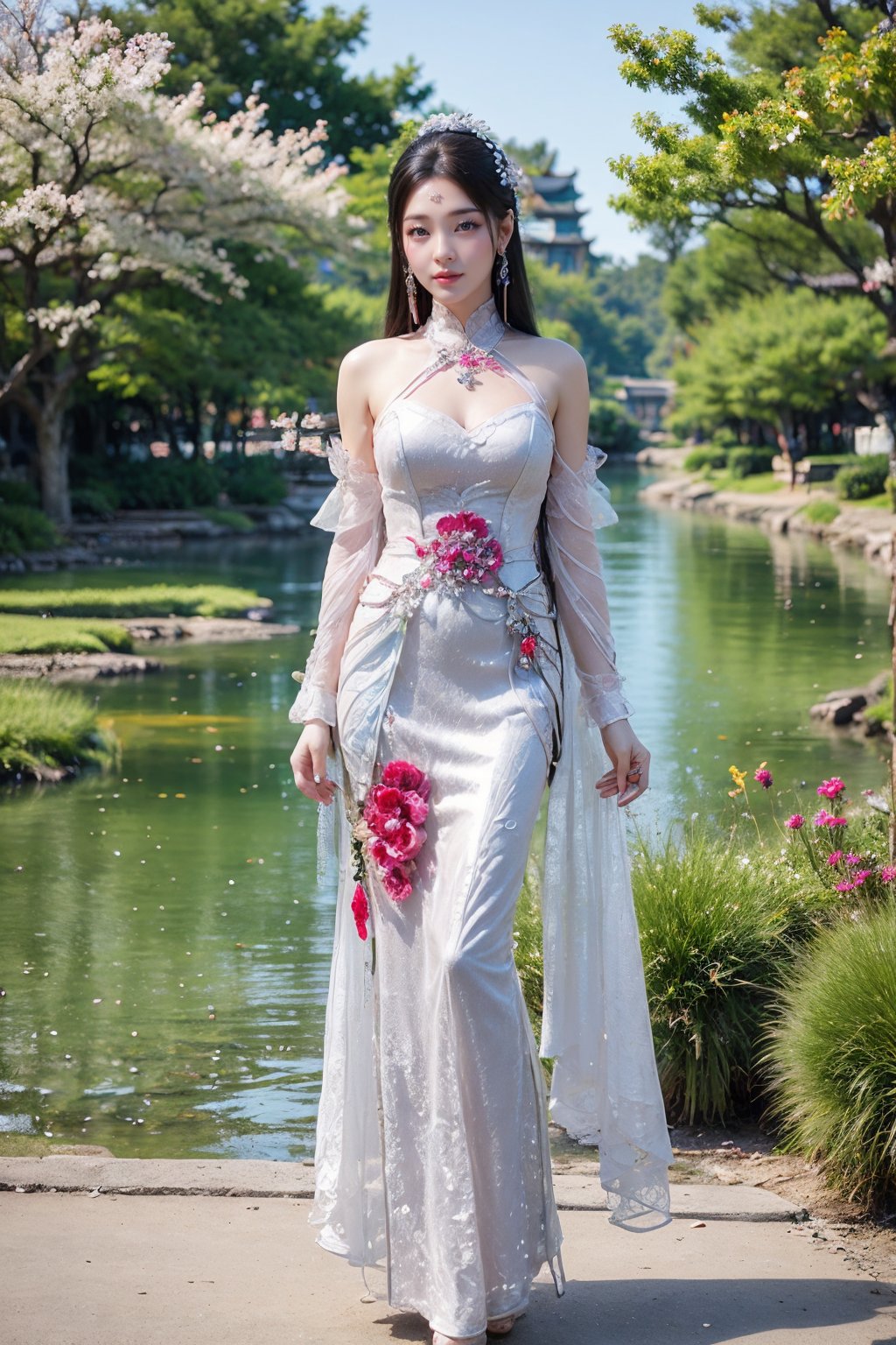 CAFC,1girl,solo,long hair,white clothes,earrings,jewelry,hair accessories,full body,suburban scenery,east asian,chinese style architecture,