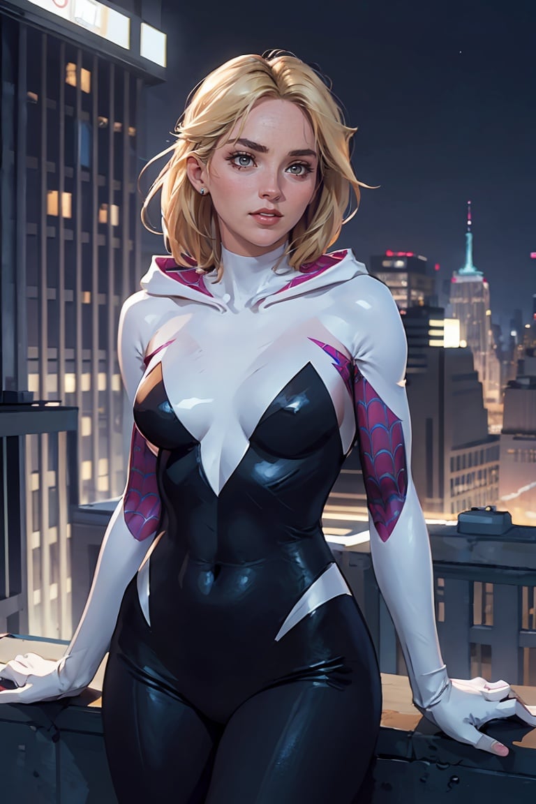 ((best quality)), ((masterpiece)), ((realistic)), (detailed), young female spider gwen, gwen_stacy, freckles, blonde hair, short hair, blue eyes, detailed eyes, body suit, wearing spider gwen costume, wearing hood, looking at the viewer, cute smile, detailed background, rooftop at night, new york, cinematic light, art by artgerm, art by warren lou <lora:spider_gwen:1> <lora:sharonstone1990s_lycoris_02:0.5> sharonstone1990s <lora:Sharon Stone:0.5>