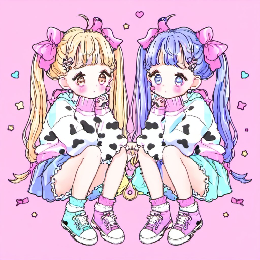 <lora:cartoon_stickers_xl_v1:0.8>,1girl,two anime girls with long hair and a cow print on their shirt, sitting next to each other on a pink background, long_hair, looking_at_viewer, blush, blue_eyes, multiple_girls, skirt, blonde_hair, hair_ornament, long_sleeves, bow, 2girls, twintails, brown_eyes, jewelry, sitting, blue_hair, purple_hair, ahoge, hair_bow, heart, shoes, socks, hairclip, star_\(symbol\), sweater, blue_skirt, animal_print, sneakers, hand_on_own_face, head_rest, hand_on_own_cheek, loose_socks, pink_background, cow_print