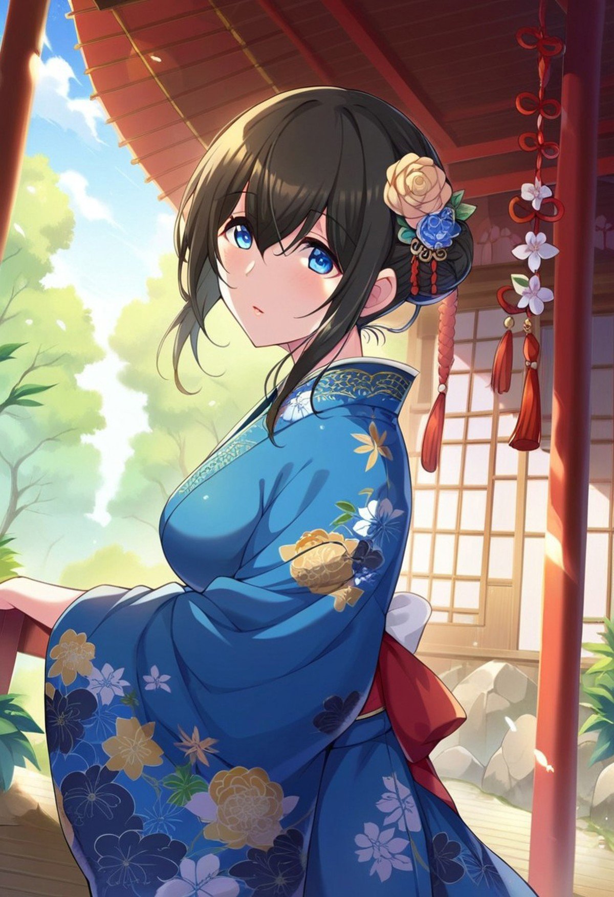 score_9, score_8_up, score_7_up, score_6_up, score_5_up, score_4_up,sagisawa fumika, black hair, blue eyes, japanese clothes, solo, 1girl, shrine, blue kimono, kimono, floral print, outdoors, single hair bun, hair ornament, hair bun, looking at viewer, hair flower