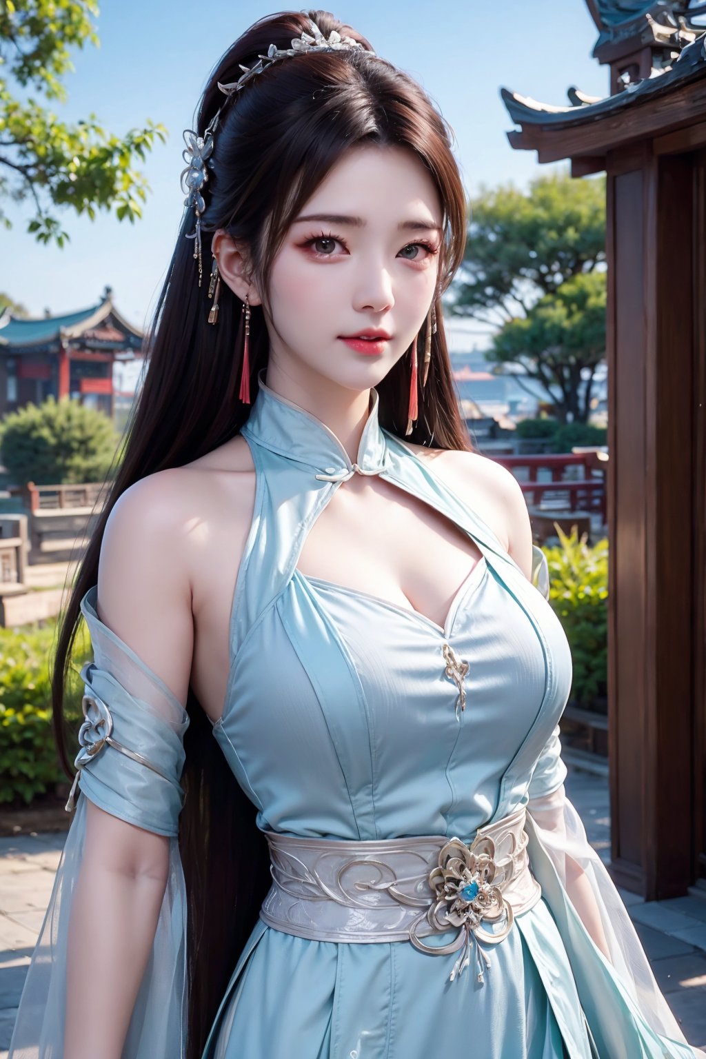 CAFC,1girl,forehead mark,brown hair,solo,long hair,facial mark,hair rings,upper body,jewelry,suburban scenery,east asian,chinese style architecture,