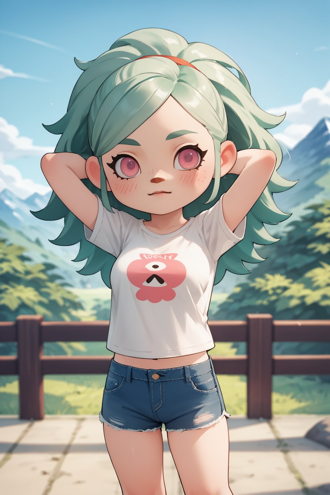 zPDXL3, score_9, score_8_up, score_7_up, score_6_up, score_5_up, score_4_up, 1girl, medium breasts, pink eyes,light green hair,big hair,hair slicked back,blush,arms behind head,t-shirt,micro shorts,mountain,<lora:AnimalCrossing-v1:1> animal crossing, chibi, 