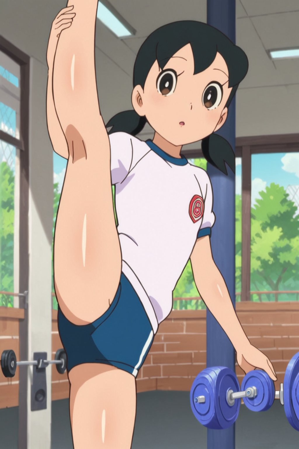 score_9,source_anime, minamoto shizuka, low twintails, 1girl, solo, gym uniform, gym, standing split, looking at viewer,cowboy shot,leg up,masterpiece, perfect face, best quality, beautiful eyes, shiny eyes, anime coloring, anime screencap, absurdres, award winning,  <lora:minamoto shizuka dskb 920:1>