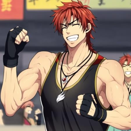 muscular male, blurry, jewelry, grin, necklace, sarashi, fingerless gloves, closed eyes, clenched hand