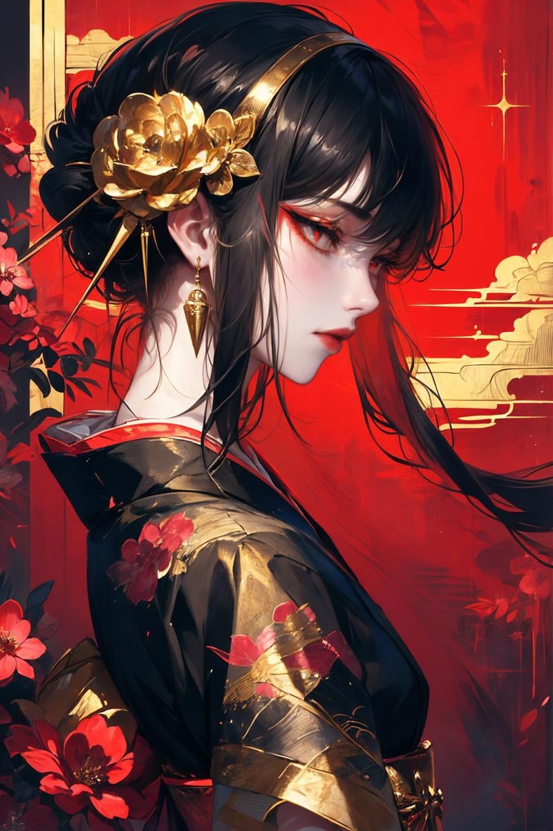 XUER Yor Forger,1girl,solo,jewelry,black hair,earrings,red eyes,yor briar,hair ornament,black kimono,hairband,red lips,sidelocks,from side,profile,makeup,upper body,flower,bangs,closed mouth,gold hairband,sash,red background,obi,hair flower,A shot with tension,(Visual impact,giving the poster a dynamic and visually striking appearance:1.2),impactful picture,(masterpiece, best quality:1.2),offcial art,movie perspective,advertising style,magazine cover,very aesthetic,disheveled hair,very aesthetic,illustration,disheveled hair,perfect composition,moist skin,intricate details,<lora:绪儿 约尔福杰 XUER Yor Forger:0.8>,