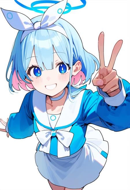 score_9, arona \(blue archive\), 1girl, cowboy shot, white hairband, halo, looking at viewer, smile, solo, white choker, blaid, white hairband, white sailor collar, puffy long sleeves, light blue hair, white skirt, from above, white background, v, reaching towards viewer 