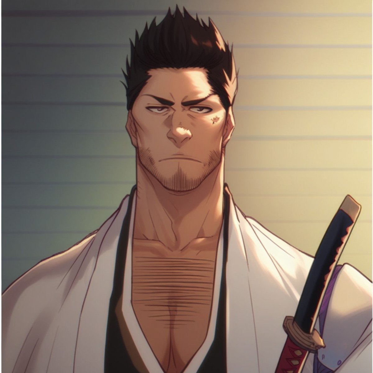 score_9, score_8_up, score_7_up, isshin, male focus, solo, facial hair, 1man, looking at viewer, japanese clothes, stubble, pectoral cleavage, chest hair, mature male, katana,