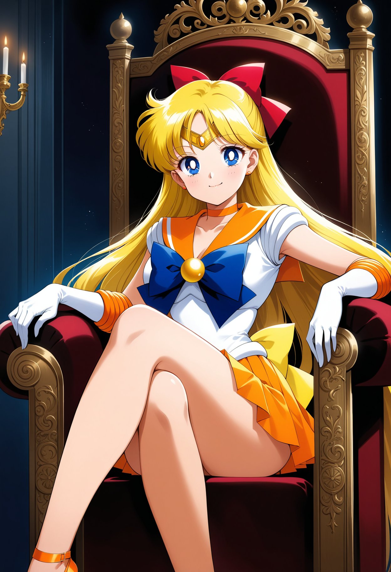 (masterpiece, best quality, very aesthetic, ultra detailed), intricate details, 4k, aavenus, long hair, blonde hair, hair bow, tiara, earrings, blue eyes, orange choker, orange sailor collar, blue bowtie, white shirt, elbow gloves, white gloves, pleated skirt, orange skirt, bare legs, <lora:sailor_venus_animaginexl_v2:0.9>, sitting, throne, indoors, crossed legs, smile, strappy heels, orange footwear, 