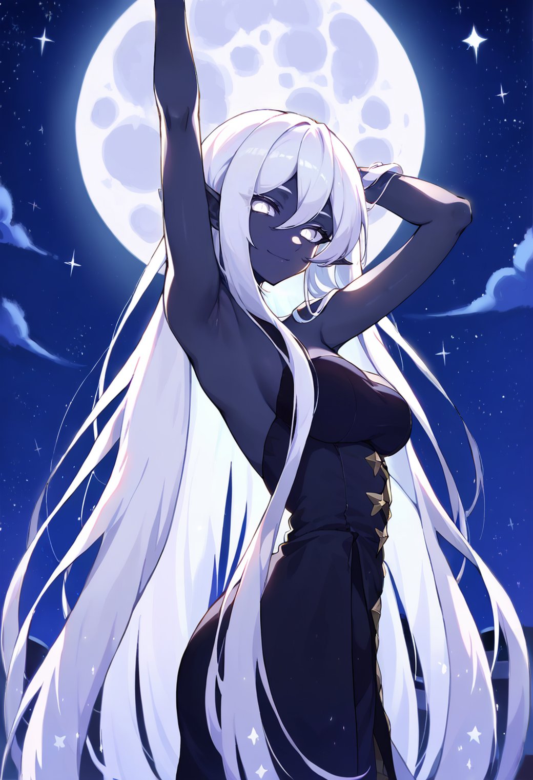 1girl, solo, black skin, drow pointy ears, night, moonlight, backlighting, light smile, looking at viewer, very long hair, white hair, star \(sky\), full moon, arm up, starry sky, white eyes, armpits, night sky,<lora:absurdres_quality:1> masterpeice, best quality, very aesthetic, absurdres