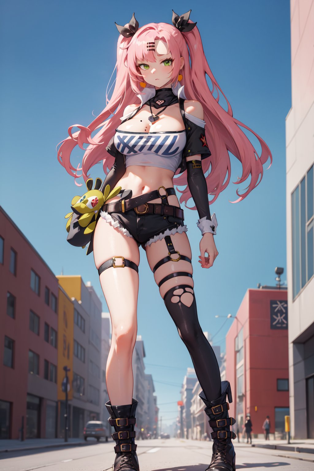 <lora:Nicole-000010:1>,Nicole CYQL,1girl,looking at viewer,solo,long hair,pink hair,hair ribbon,black ribbon,two side up,hairclip,mole under eye,green eyes,bare shoulders,shoulder cutout,large breasts,mole,strapless,tube top,cleavage,long sleeves,midriff,crop top,cutoffs,black shorts,single thighhigh,clothing cutout,belt,thigh strap,socks,black footwear,boots,light_blush,bust,Art installations, Sculptures, Public art, Landmarks, Creativity,beautiful detailed sky,beautiful detailed glow,posing in front of a colorful and dynamic background,masterpiece,best quality,beautiful and aesthetic,contrapposto,female focus,wallpaper,