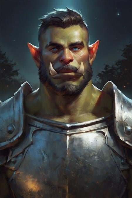 score_9, score_8_up, score_7_up, 1boy, solo, male focus, mature male, orc, green skin, tusks, blue eyes, short hair, black hair, facial hair, beard, mustache, looking at viewer, armor, shoulder armor, breastplate, pauldrons, upper body, closed mouth, standing, outdoors, night, night sky, dark background <lora:Eldritch Oil Style LoRA_Pony XL v6:1>