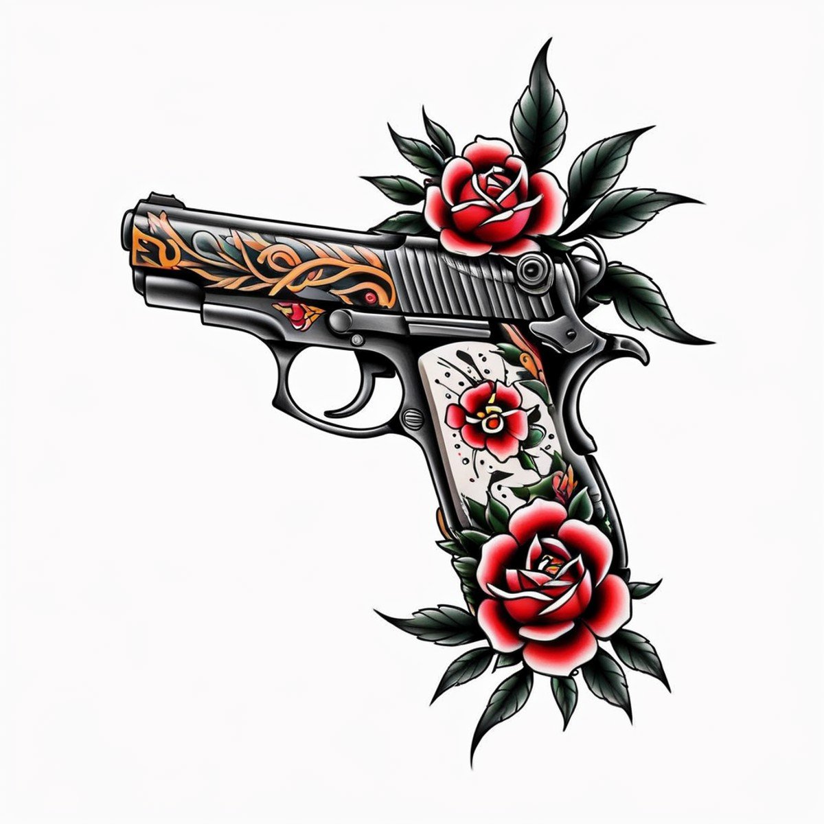 <lora:Traditional_Tattoos:0.65> handgun in style of tr4dt4t, traditional tattoo, white background, 