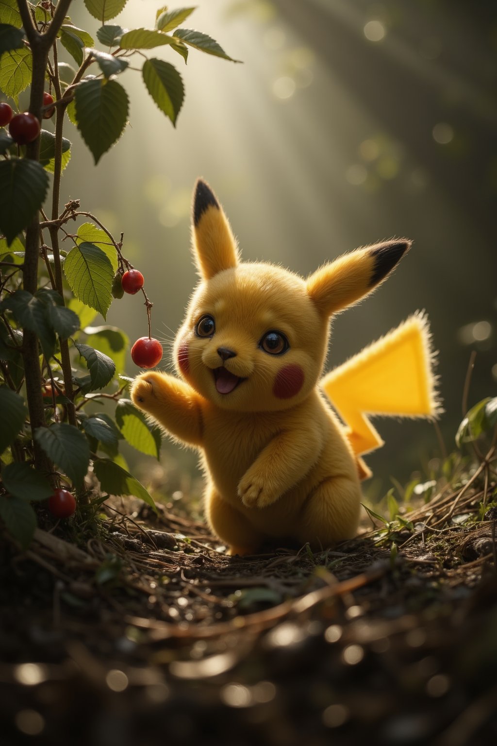 A hyper-realistic cinematic photograph of a pikachu, with detailed fur and eyes. It is standing in a forest trying to reach a berry on a bush. photography, shadows, raw photo, detailed, realistic, photograph, cinema quality