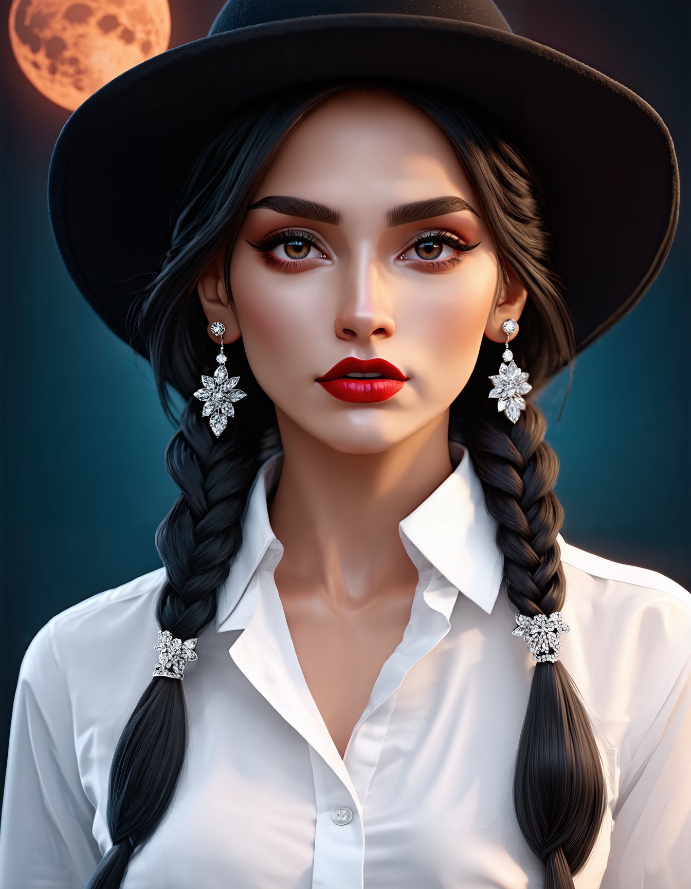 (best quality, 4K, 8K, high-resolution, masterpiece), ultra-detailed, realistic, photorealistic, woman, long hair, looking at viewer, shirt, black hair, hat, jewelry, brown eyes, white shirt, braid, earrings, twin braids, makeup, portrait, realistic, red lips, red moon