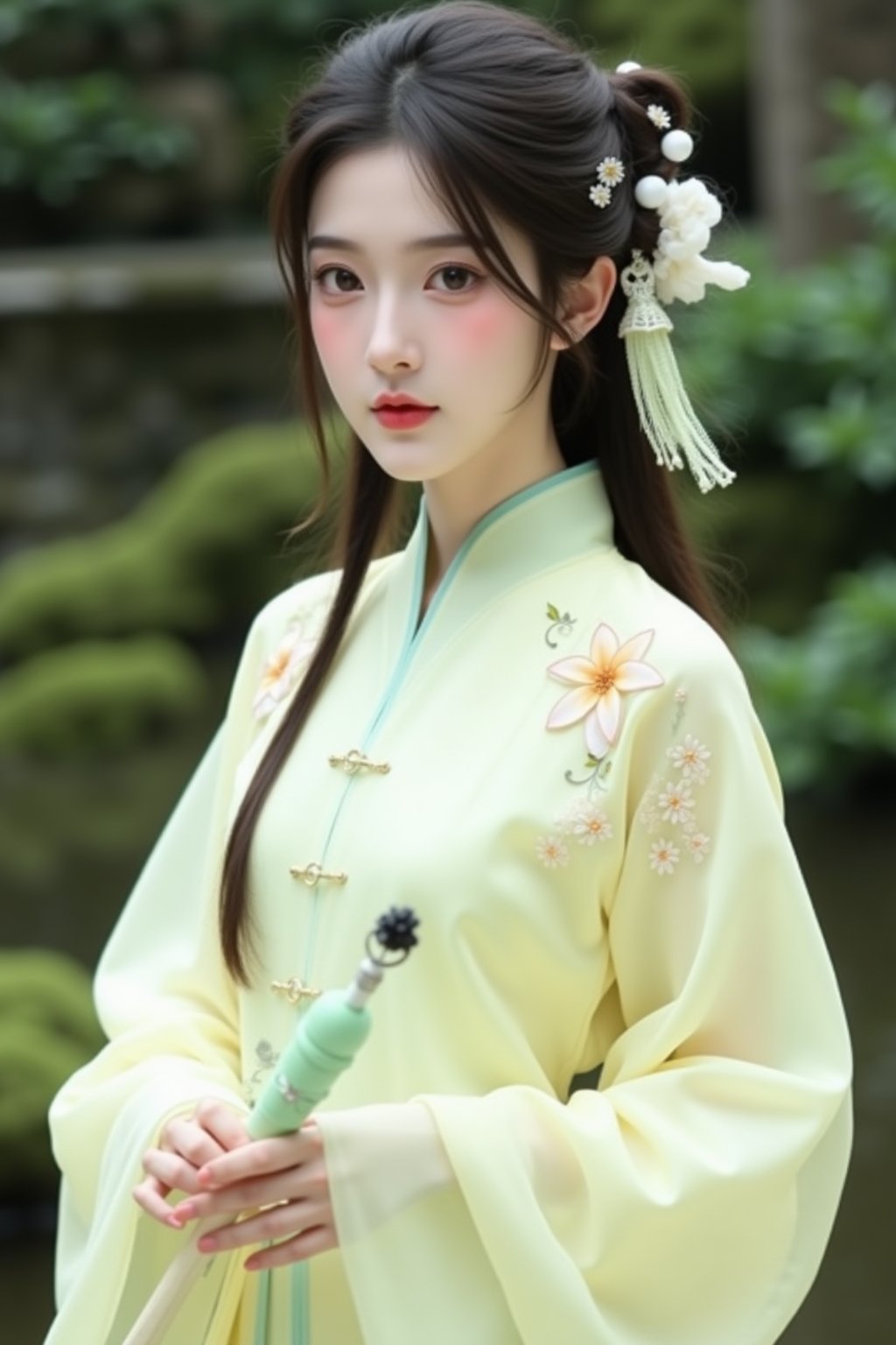 The image depicts a person dressed in traditional East Asian attire. The clothing appears to be a Hanfu,which is a traditional type of dress that was worn by the Han Chinese in ancient China. The Hanfu shown has a pale yellow base color with delicate floral embroidery on it,suggesting a high level of craftsmanship and possibly indicating the status of the wearer. The sleeves are wide and flowy,adding to the elegance of the outfit. The individual is holding a fan,which is a common accessory in traditional Chinese culture. The fan seems to have a light green tassel hanging from its end,complementing the overall color scheme of the attire. In terms of accessories,there's an intricate hairpin visible in the person's hairstyle. It's white with black details,possibly resembling a stylized cloud or animal shape,which adds a decorative and symbolic element to the hairdo. The setting includes elements of nature,such as lush greenery and what looks **** a stone structure in the background,providing a serene and harmonious backdrop that complements the traditional aesthetic of the attire.,beauty_face,chinese style,floating hair,elegant,charming,