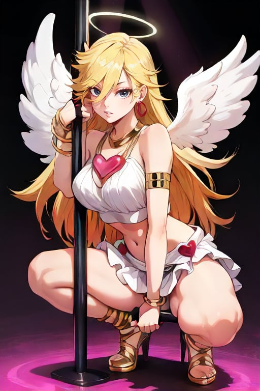 <lora:PSG_Panty-DEF:0.7> anarchypanty, solo, blonde, long hair, earrings, bracelets, halo, ring glove, bridal gauntlets, angel wings, white skirt, midriff, heart ornament, stage, stripper pole, full body, squatting, perfect, sharp, masterpiece, detailed, high resolution, best quality,