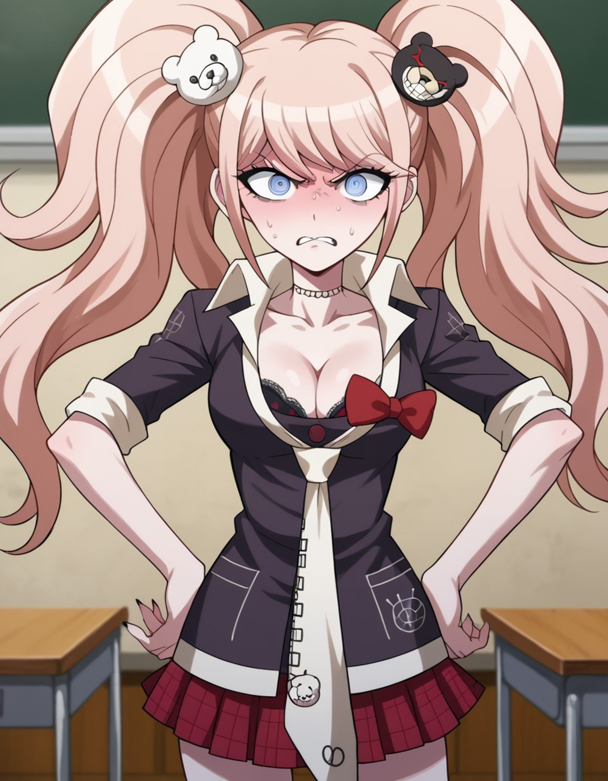 score_9, score_8_up, score_7_up, source_anime,junkoenoshima, <lora:junko-enoshima-ponyxl-lora-nochekaiser:1>,junko enoshima, long hair, bangs, blue eyes, pink hair, hair ornament, twintails, bear hair ornament, angry, shouting, anger vein,skirt, shirt, bow, cleavage, underwear, collarbone, necktie, choker, bra, red bow, black bra, sleeves rolled up, red skirt,indoors, classroom,looking at viewer, cowboy shot, dynamic pose,