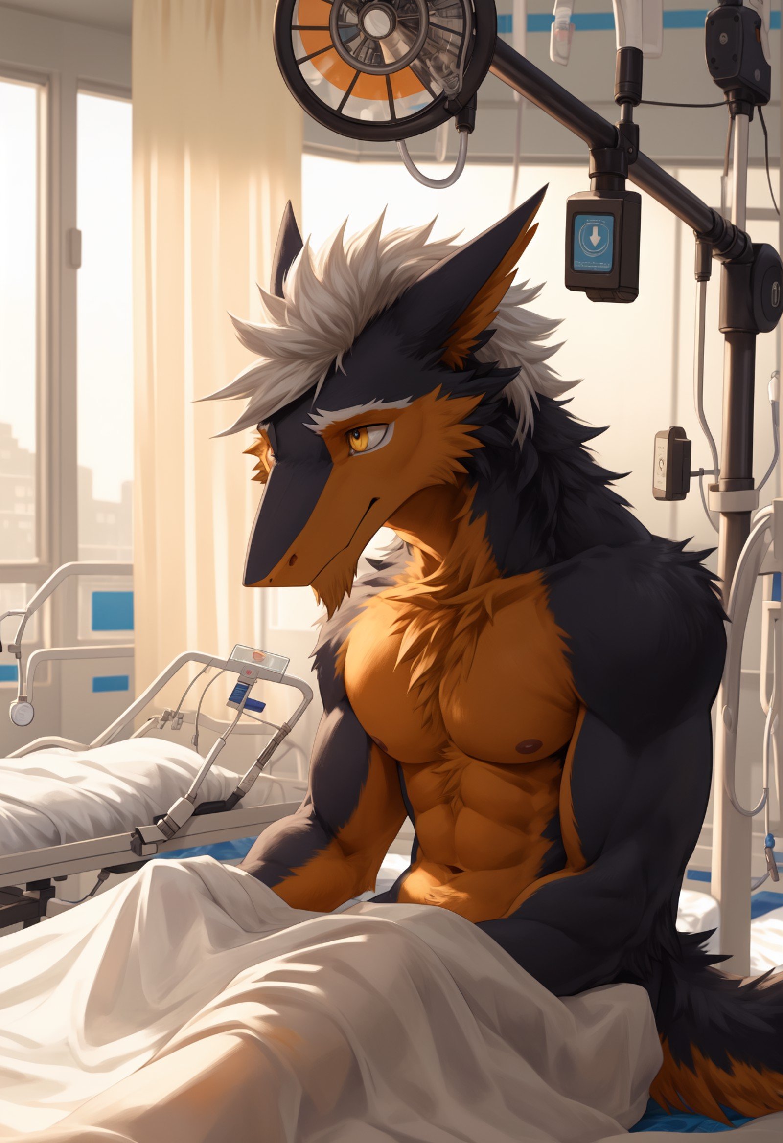 official art, masterpiece, super detailed, (clear focus: 0.6), Gentle gaze, depth of field, perfect lighting, best quality, luxurious,fluffy, anthropologist, male,sergal, (felice: 0.3), hybrid, wake up, (rubs eyes:1.6), (((sleepy))), ((tired)), ((white hairstyle, white beard)) topless, blanket,sitting, on the bed,detailed background, bed linen, beam of light, window, ((hospital room:1.5)), high quality, realism, 8k, clarity of details (black protein, yellow eyes, black pupils) (black body, orange belly, black face)