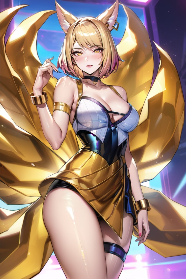 (Masterpiece), mature, HDR,UHD,8K, best quality, Highly detailed, physically-based rendering, extreme detail description, perfect skin, shiny skin, shiny hair,perfect face, 1girl, kda2, blonde hair, yellow eyes, thighighs, facial mark, animal ears, tail, choker, bare shoulders, arm straps, short hair, bracelet, jewelery, choker, multiple tails, idol, cleavage, fox ears, earrings, thighs, magenta tail, golden dress, dress,Ahri<lora:EMS-335737-EMS:0.600000>, <lora:EMS-388761-EMS:0.100000>, <lora:EMS-418655-EMS:0.800000>