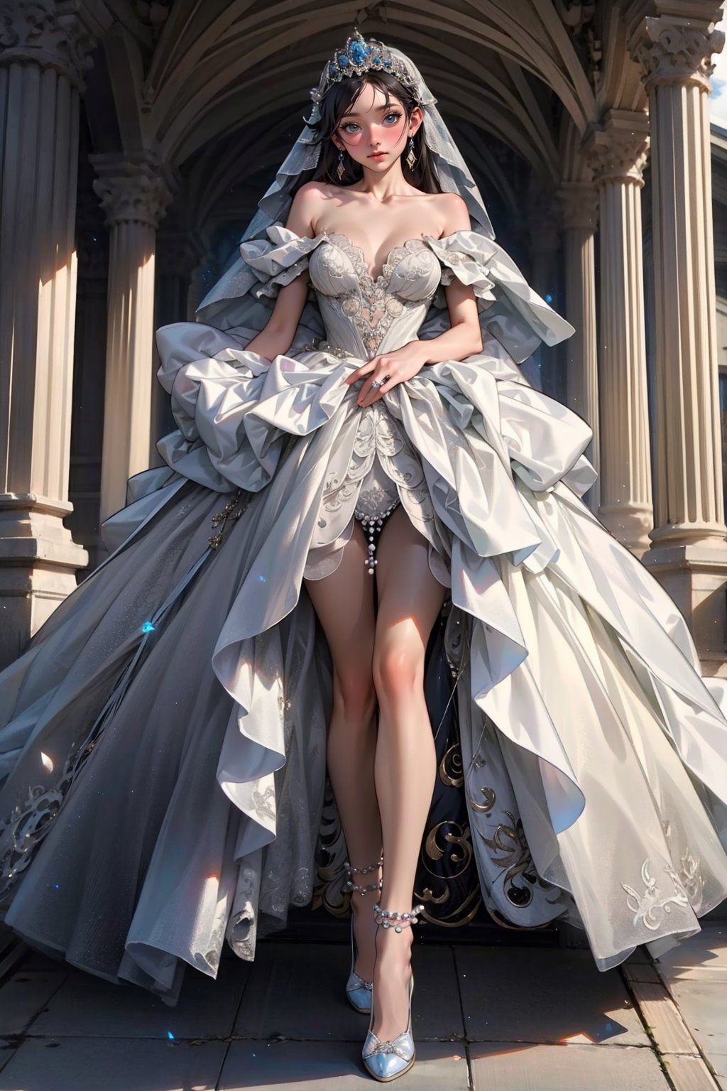 1girl,solo,medium breasts,outdoors,<lora:GoodHands-beta2:1>,(full body:1.3),<lora:0261 marguerite wedding dress_v1:0.9>,ruanyi0261,off-shoulder dress,pearl \(gemstone\),tiara,veil,wedding dress,, best quality,masterpiece,highres,official art,extremely detailed cg unity 8k wallpaper