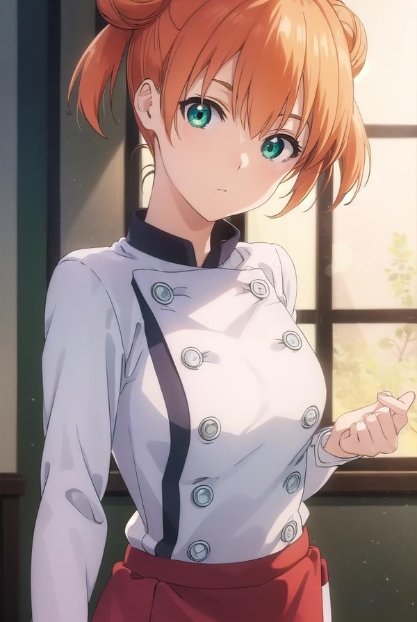 yuukiyoshino, <lora:yuuki yoshino s1-lora-nochekaiser:1>,yuuki yoshino, short hair, twintails, (green eyes:1.3), hair bun, orange hair, double bun,BREAK chef, pants, white pants,BREAK indoors, kitchen,BREAK looking at viewer, (cowboy shot:1.5),BREAK <lyco:GoodHands-beta2:1>, (masterpiece:1.2), best quality, high resolution, unity 8k wallpaper, (illustration:0.8), (beautiful detailed eyes:1.6), extremely detailed face, perfect lighting, extremely detailed CG, (perfect hands, perfect anatomy),