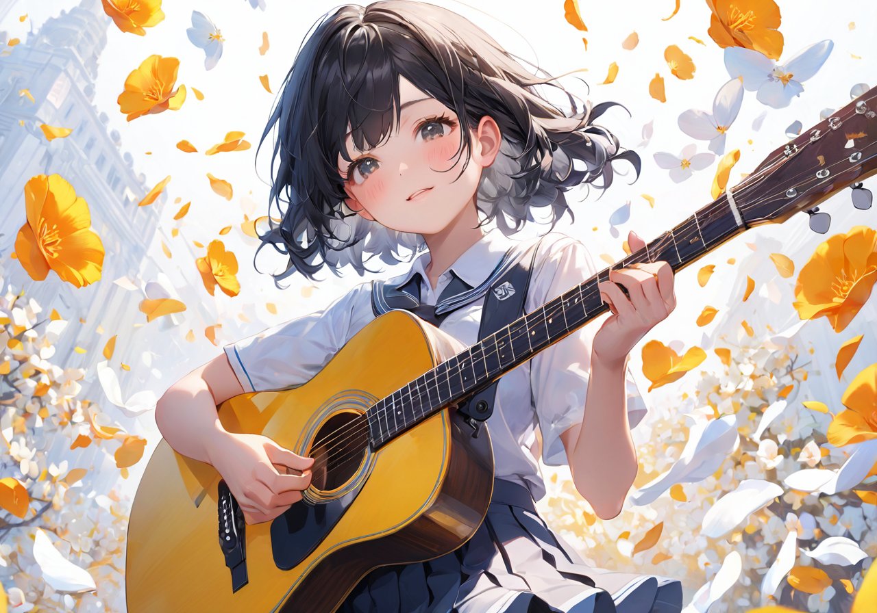 extremely detailed CG unity 8k wallpaper, highest quality, ultra-detailed, perfect illumination, accurate shadowing, one vibrant and lively,(white background)close up, masterpiece, best quality,a black-hairdo girl a pretty girl School uniform Guitar Performancepetals, illustration, top quality, ultra-detailed