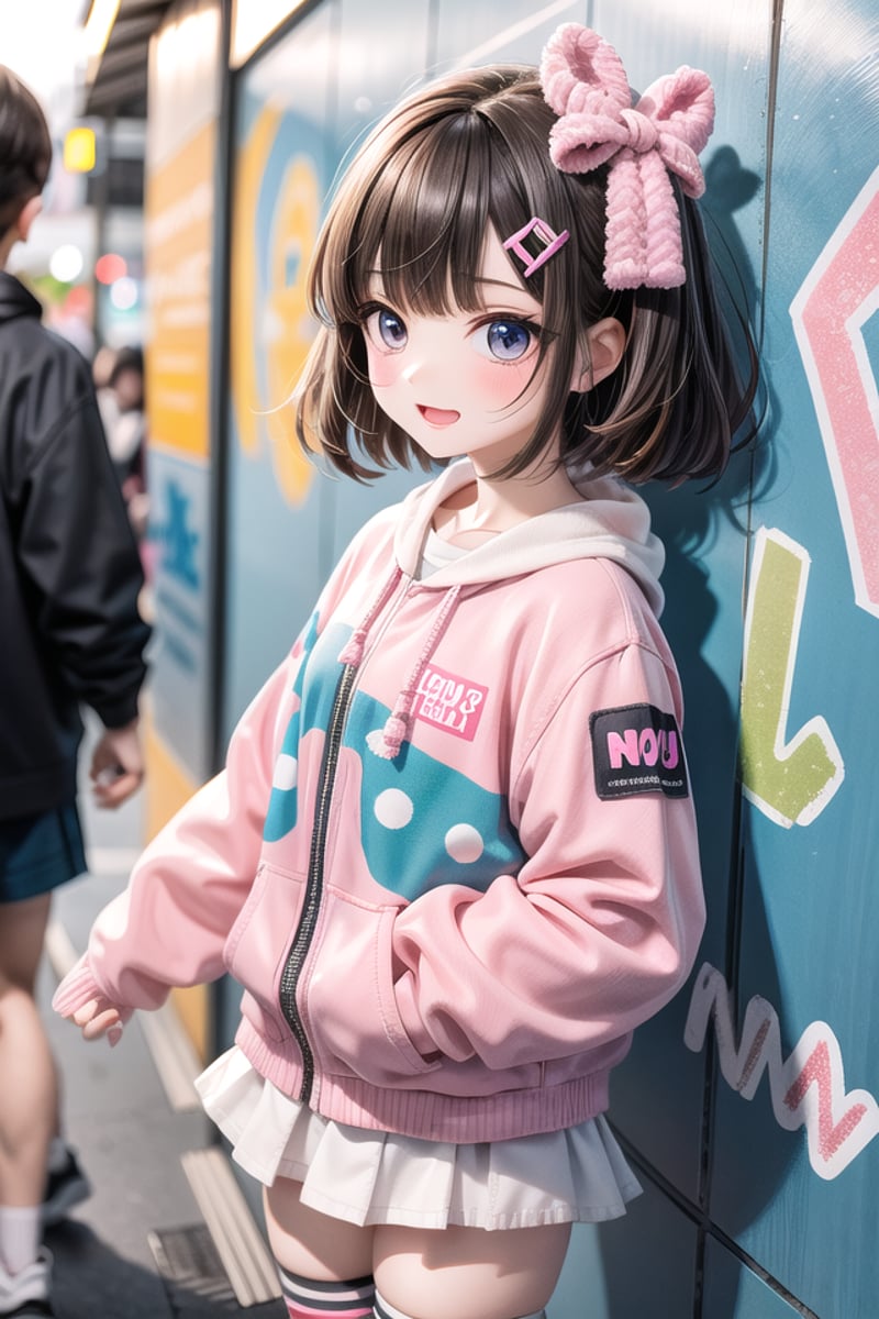 insanely detailed, absurdres, ultra-highres, ultra-detailed, best quality,1girl, solo, nice hands, perfect handsBREAK(Harajuku-style Decora pank fashion:1.5), (girl with layered colorful clothing:1.3), (multiple hair clips),knee-high socks with different patterns, carrying a plushie, standing in front of a graffiti wallBREAK(nsfw:-1.5)BREAKsmile, open mouthBREAKstanding, cowboy shot, looking at viewerBREAKslender, kawaii, perfect symmetrical face, ultra cute girl, ultra cute face, ultra detailed eyes, ultra detailed hair, ultra cute, ultra beautifulBREAKin school ground, depth of field, ultra detailed backgroundBREAKmedium breastsBREAKbrown hair, brown eyes, flipped hair,