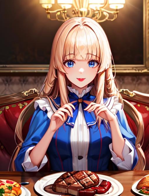 best quality, masterpiece, highres, detailed, digital illustration, <lora:Detail - add_detail:0.2>, PrincessMia20, blue eyes, blonde hair, blunt bangs, long hair, blue dress, ribbon, lipstick,  <lora:Character - PrincessMia20:0.8>, dining room, eating, steak, happy, upper body, 