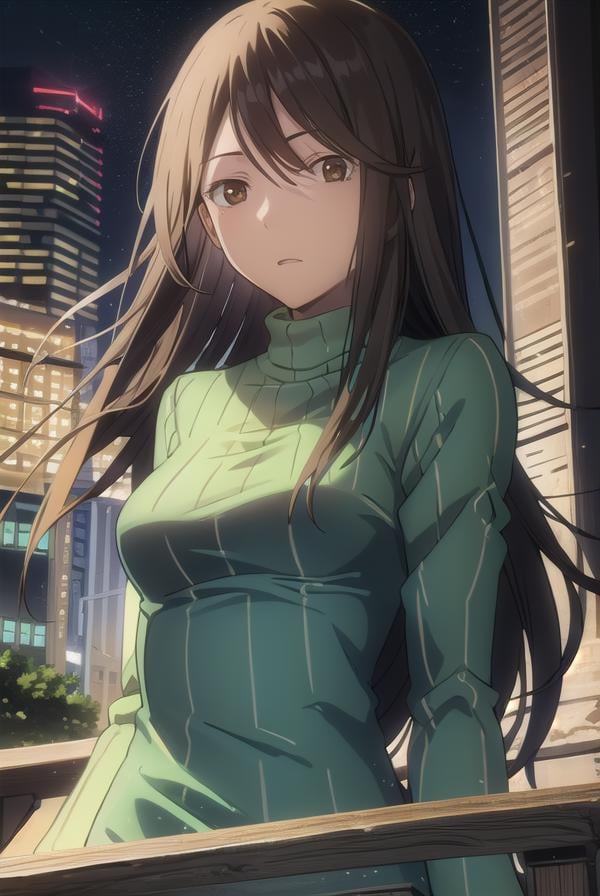 namieyagiri, <lora:namie yagiri s1-lora-nochekaiser:1>,namie yagiri, long hair, black hair, (brown eyes:1.3), (swept bangs:1.5),BREAK sweater, turtleneck, green sweater,BREAK outdoors, city, night, sky, starry sky, moon,BREAK looking at viewer, (cowboy shot:1.5),BREAK <lyco:GoodHands-beta2:1>, (masterpiece:1.2), best quality, high resolution, unity 8k wallpaper, (illustration:0.8), (beautiful detailed eyes:1.6), extremely detailed face, perfect lighting, extremely detailed CG, (perfect hands, perfect anatomy),