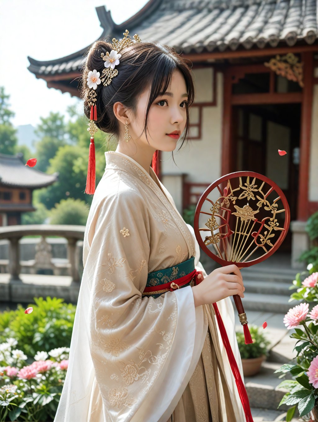 score_9, score_8_up, score_7_up, source_real, realistic, photorealistic, BREAK rating_safe, highly detailed, 1girl, hanfu, intricate hair ornaments, holding a round fan, serene expression, outdoors, ancient chinese architecture, Classical Gardens of Suzhou, flowers in full bloom, petals floating in the air, bokeh, depth of field, 